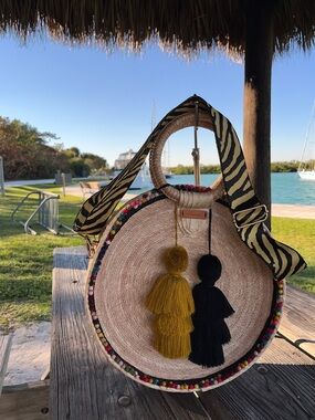 Round Straw Crossbody Bag with Mustard and Black Tassels